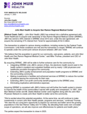 John Muir Health to Acquire San Ramon Regional Medical Center