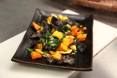 Roasted root vegetables and winter squash with wilted greens