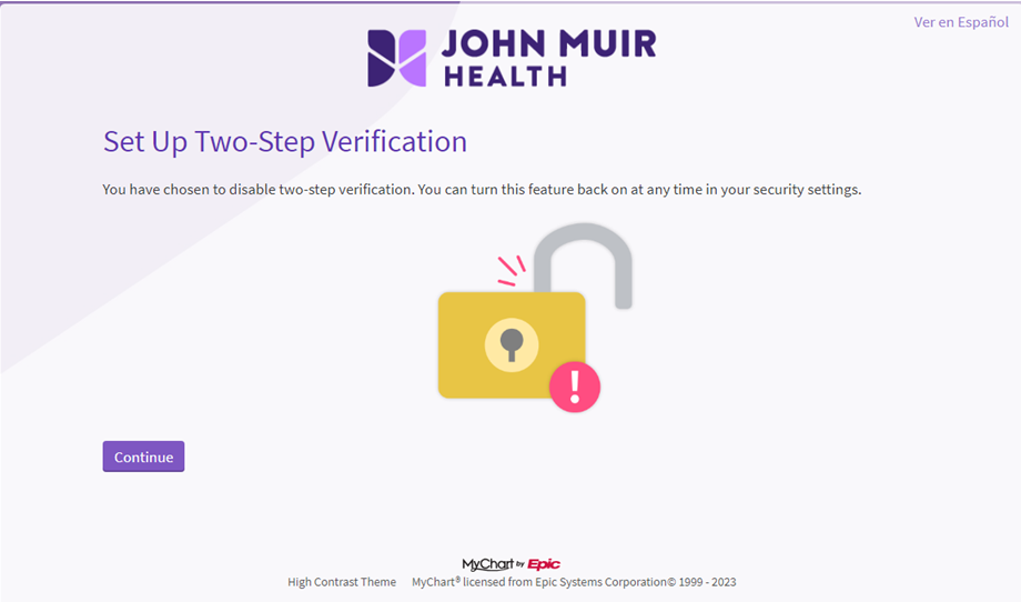 John muir health two step verification screen